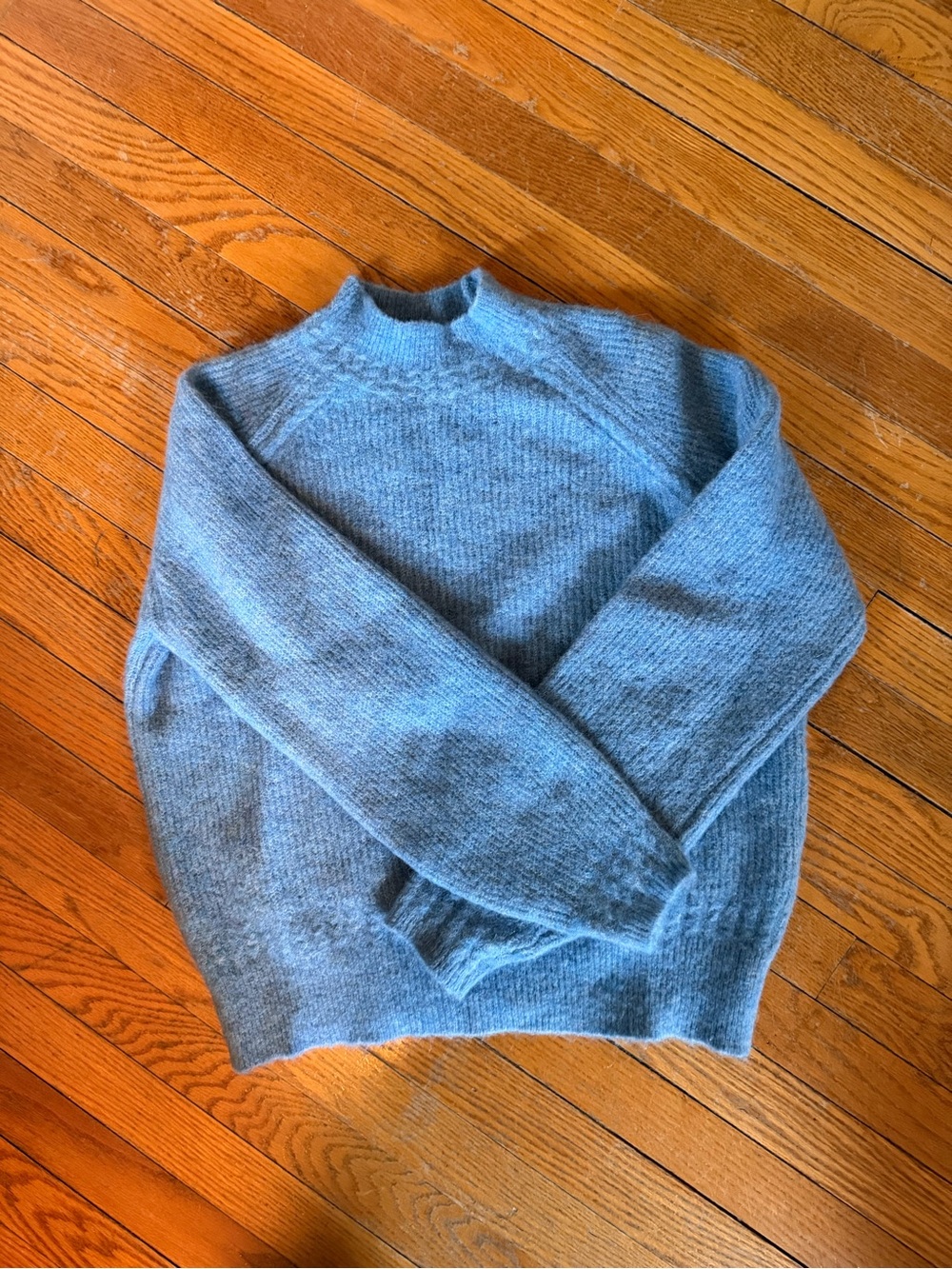 Sezane Crewneck Sweater in Light Blue with detail on neckline and cuffs